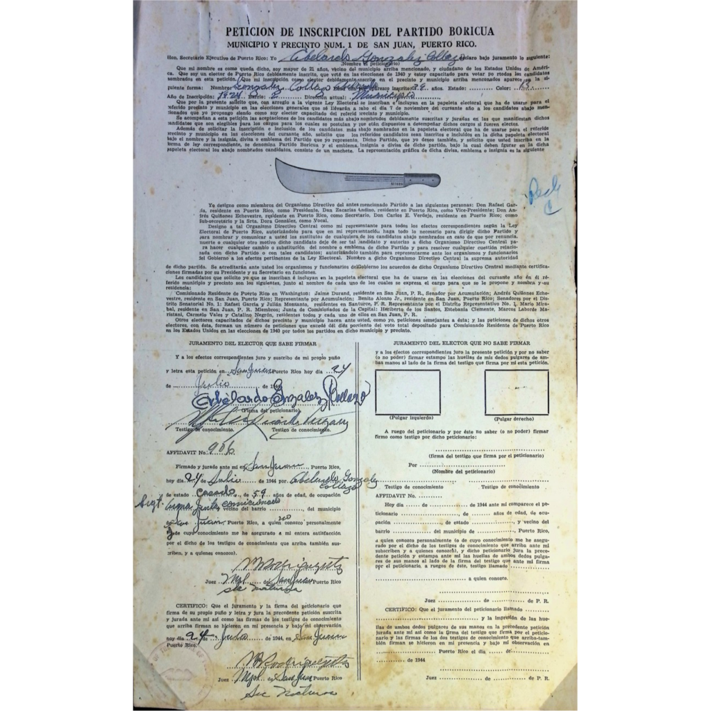 Peticion de inscripcion del Partido Boricua, Fondo Fortaleza, Tarea, Caja, AGPR
