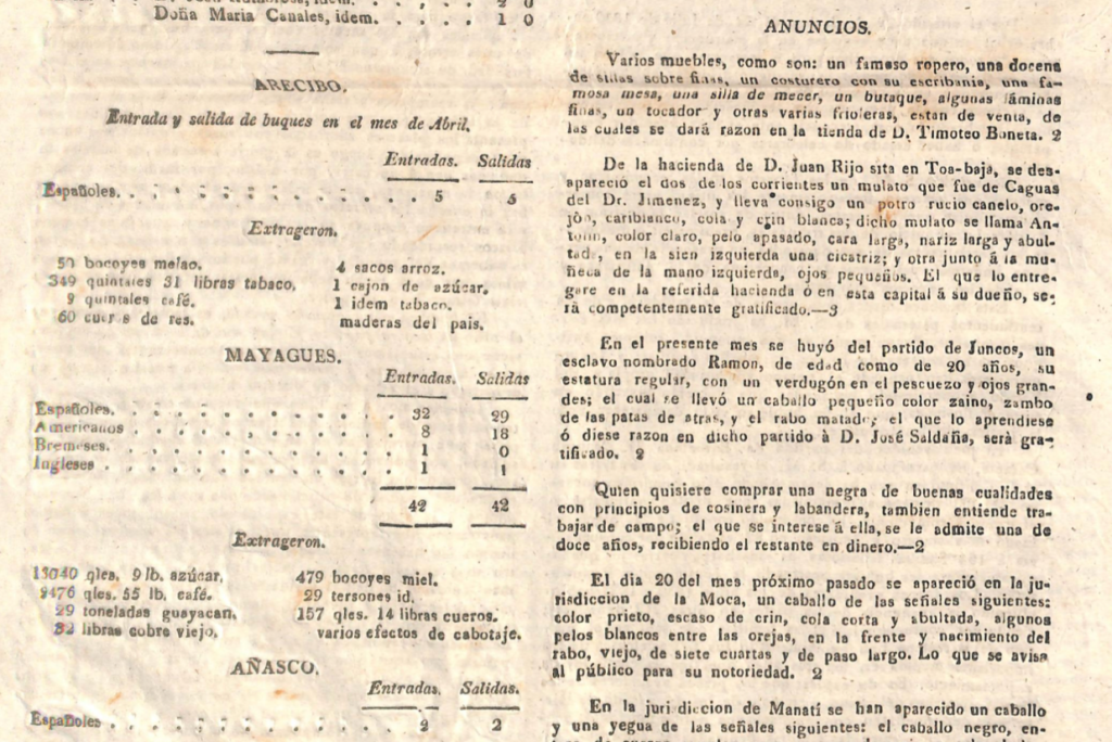 “Anuncios.” Gaceta del Gobierno de Puerto Rico. 23 de mayo del 1833.